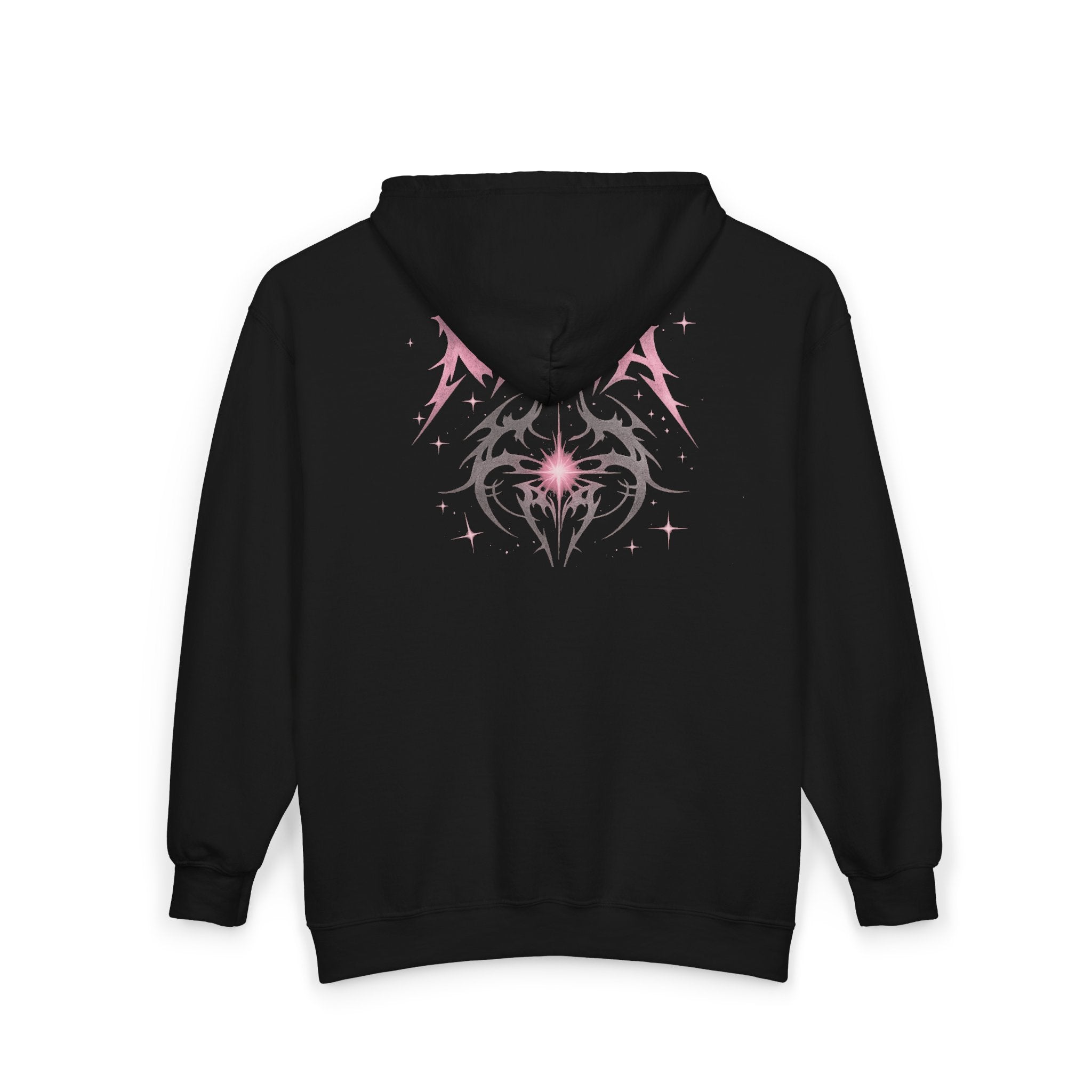 Naïva Gothic Zip Hoodie — Pink Metal Logo & Tribal Back Graphic